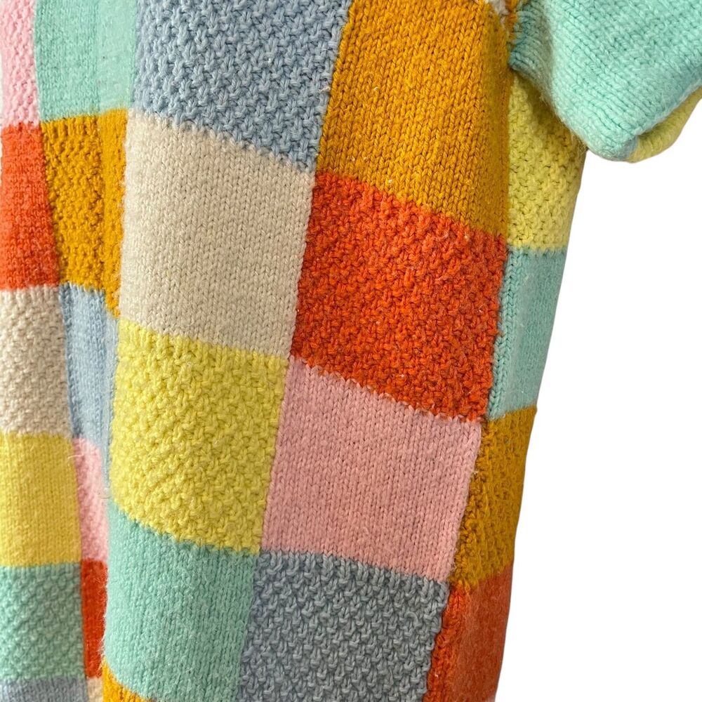 Vintage Peterpan Collar Brady Bunch Groovy Checkered Sweater 70s Patchwork M - Picture 9 of 14